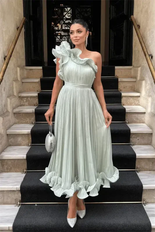 Chiffon Fabric One Shoulder Evening Dress - MINT GREEN - BÜYÜKBEDENIZ