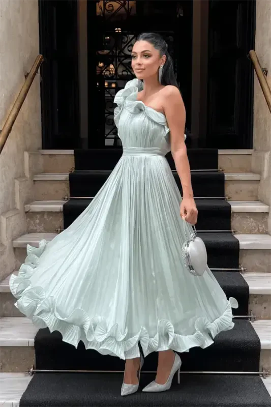Chiffon Fabric One Shoulder Evening Dress - MINT GREEN - 2