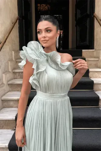 Chiffon Fabric One Shoulder Evening Dress - MINT GREEN - 4