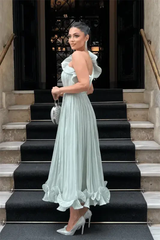 Chiffon Fabric One Shoulder Evening Dress - MINT GREEN - 5
