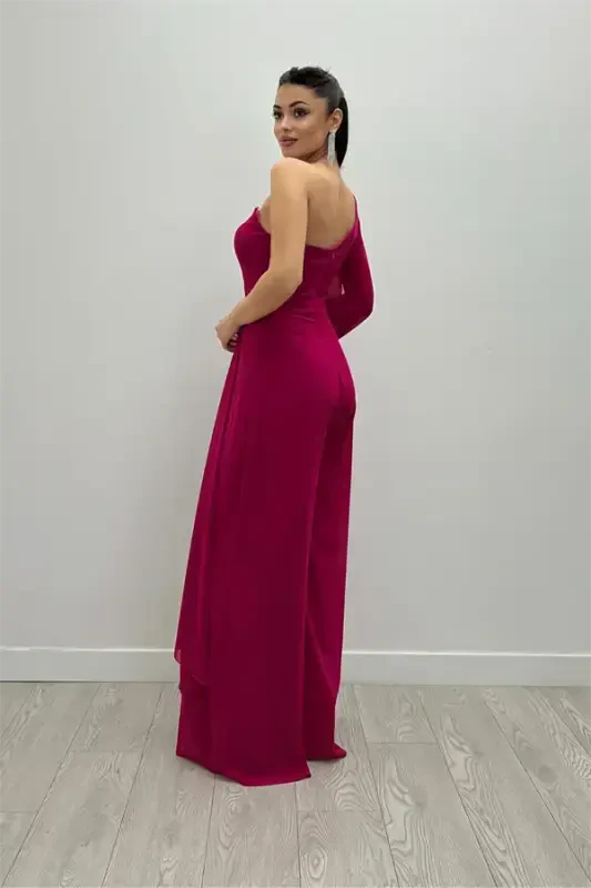 Chiffon Fabric One Shoulder Jumpsuit - FUCHSIA - 5