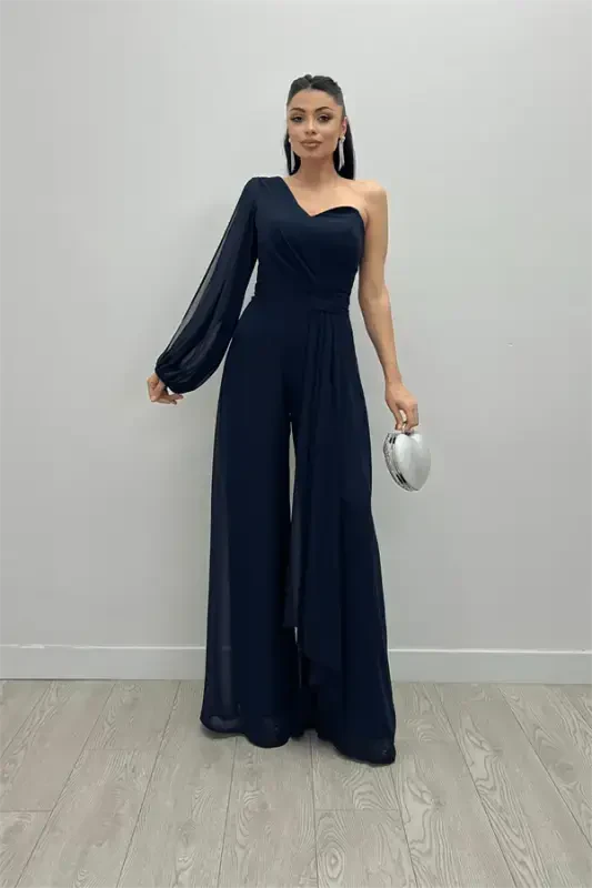 Chiffon Fabric One Shoulder Jumpsuit - NAVY BLUE - BÜYÜKBEDENIZ
