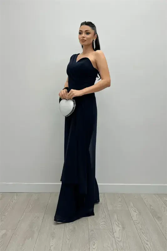 Chiffon Fabric One Shoulder Jumpsuit - NAVY BLUE - 2