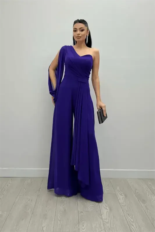 Chiffon Fabric One Sleeve Jumpsuit - PURPLE - 1