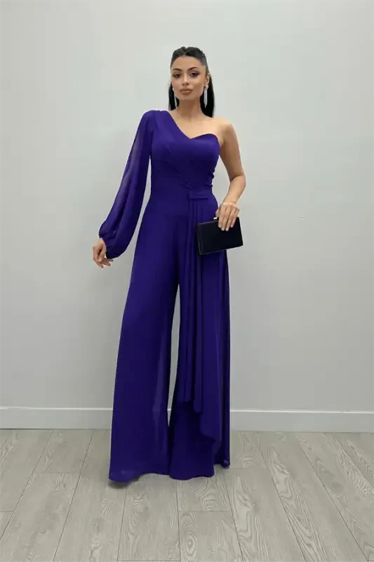 Chiffon Fabric One Sleeve Jumpsuit - PURPLE - 2