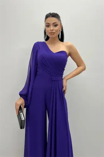 Chiffon Fabric One Sleeve Jumpsuit - PURPLE - 3