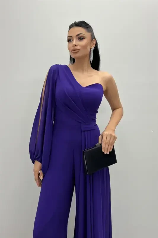 Chiffon Fabric One Sleeve Jumpsuit - PURPLE - 4