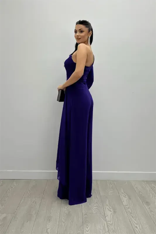 Chiffon Fabric One Sleeve Jumpsuit - PURPLE - 5