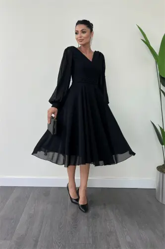 Chiffon Fabric Pearl Detailed Midi Dress - BLACK - 7