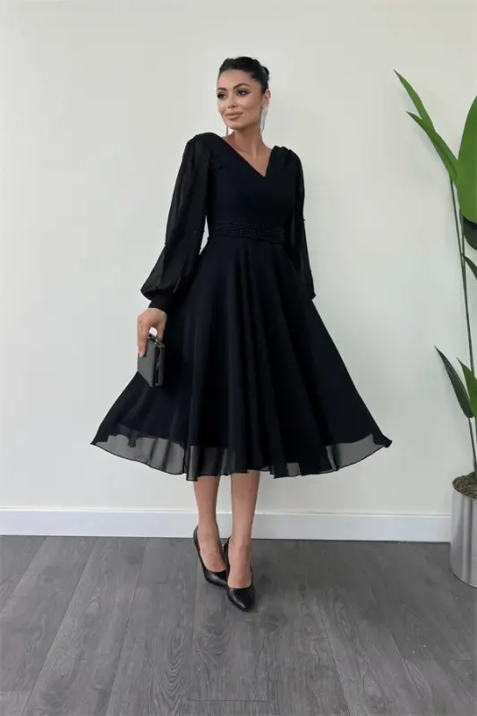 Chiffon Fabric Pearl Detailed Midi Dress - BLACK - 7