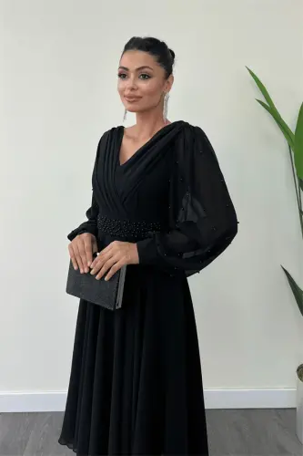 Chiffon Fabric Pearl Detailed Midi Dress - BLACK - 8
