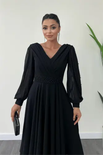 Chiffon Fabric Pearl Detailed Midi Dress - BLACK - 9