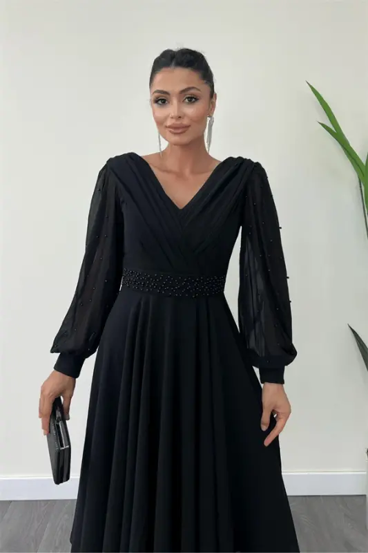 Chiffon Fabric Pearl Detailed Midi Dress - BLACK - 9