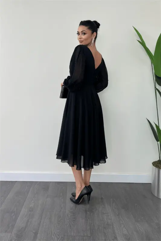 Chiffon Fabric Pearl Detailed Midi Dress - BLACK - 10