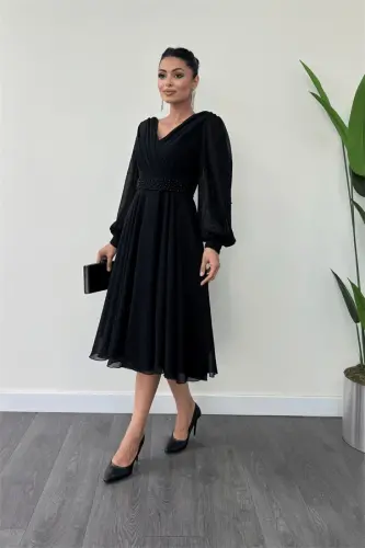 Chiffon Fabric Pearl Detailed Midi Dress - BLACK - 1