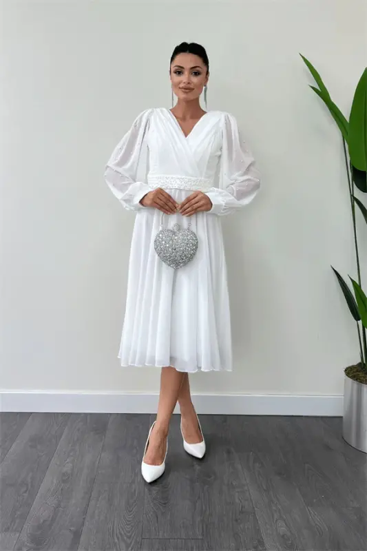 Chiffon Fabric Pearl Detailed Midi Dress - WHITE - 1