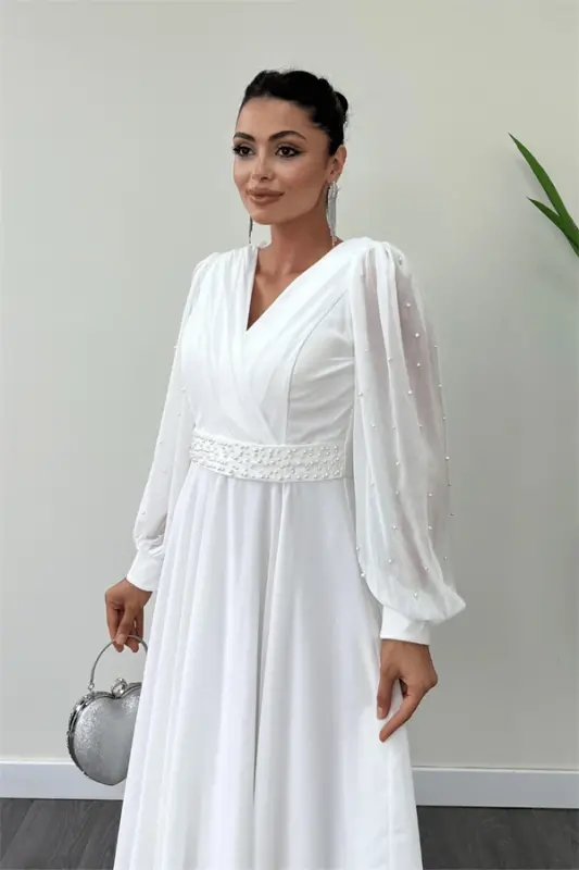 Chiffon Fabric Pearl Detailed Midi Dress - WHITE - 3