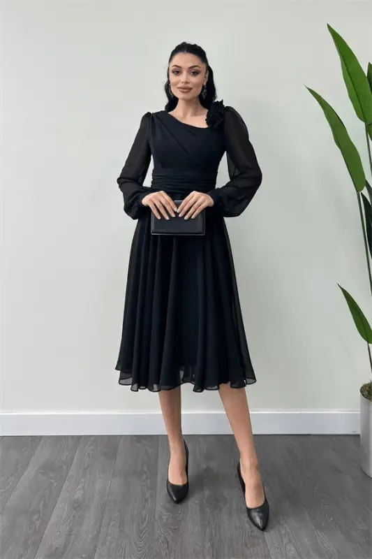 Chiffon Fabric Rose Detailed Midi Dress - BLACK - 1