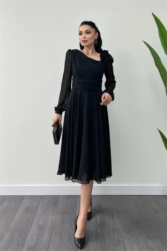 Chiffon Fabric Rose Detailed Midi Dress - BLACK - BÜYÜKBEDENIZ (1)