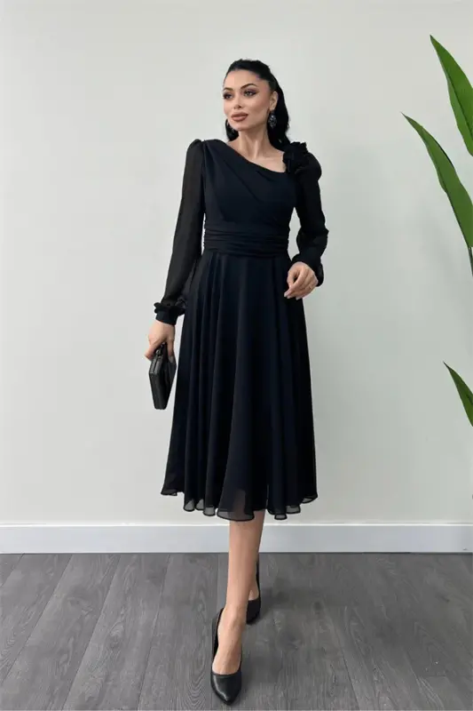 Chiffon Fabric Rose Detailed Midi Dress - BLACK - 2