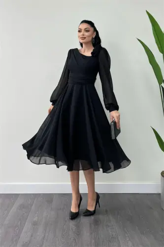Chiffon Fabric Rose Detailed Midi Dress - BLACK - 3