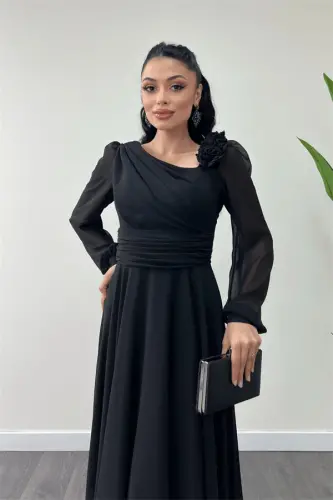Chiffon Fabric Rose Detailed Midi Dress - BLACK - 5