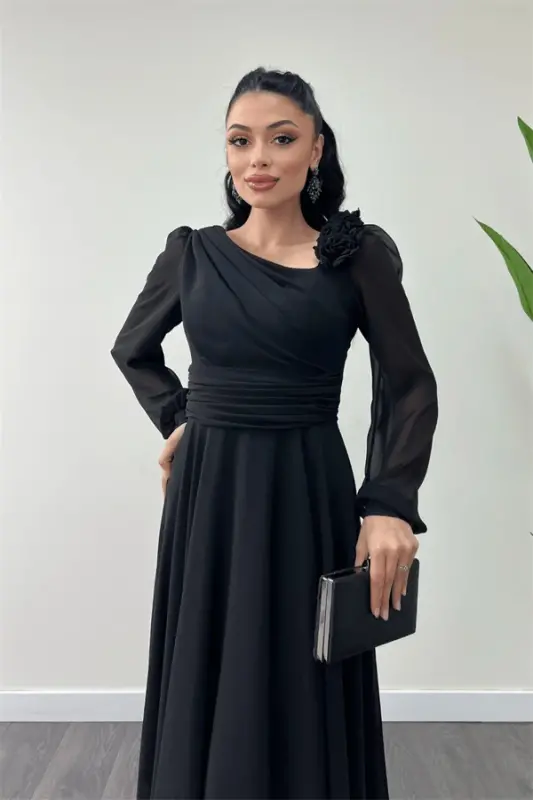 Chiffon Fabric Rose Detailed Midi Dress - BLACK - 5