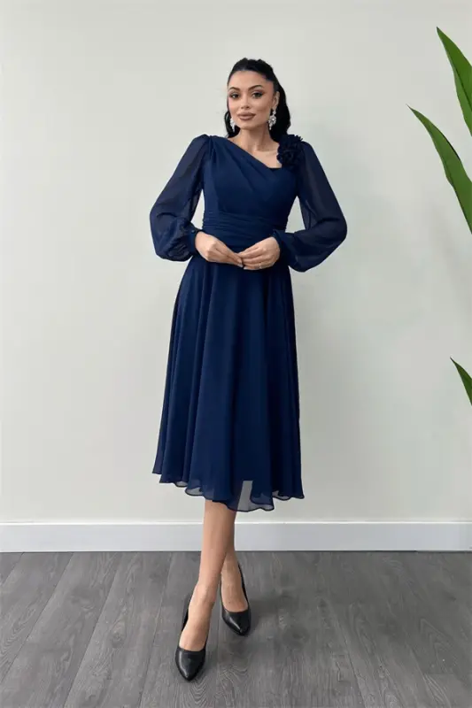 Chiffon Fabric Rose Detailed Midi Dress - NAVY BLUE - BÜYÜKBEDENIZ