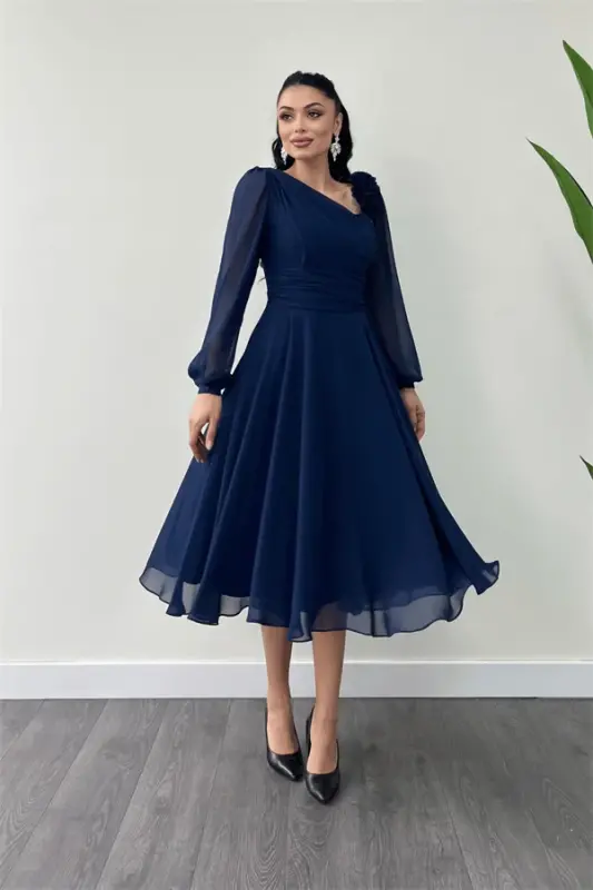 Chiffon Fabric Rose Detailed Midi Dress - NAVY BLUE - 2