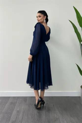 Chiffon Fabric Rose Detailed Midi Dress - NAVY BLUE - 5