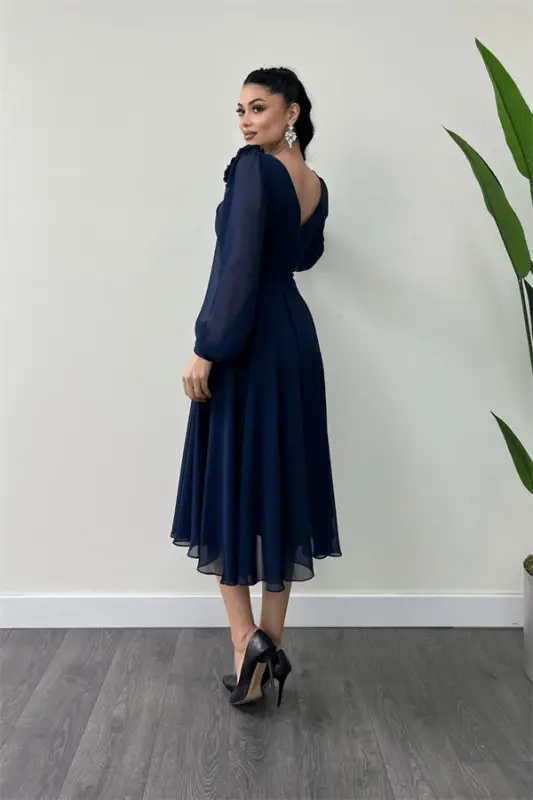 Chiffon Fabric Rose Detailed Midi Dress - NAVY BLUE - 5