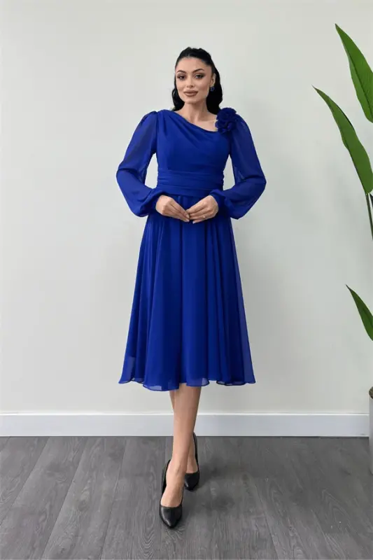 Chiffon Fabric Rose Detailed Midi Dress - SAPPHIRE BLUE - BÜYÜKBEDENIZ