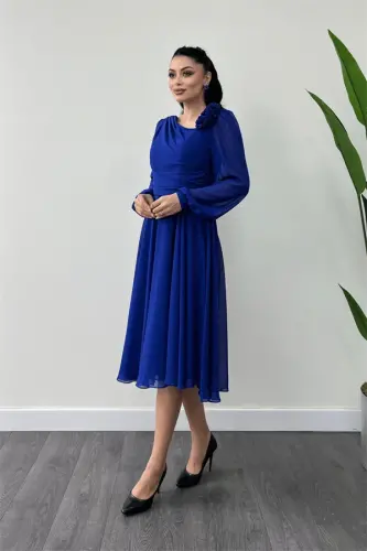 Chiffon Fabric Rose Detailed Midi Dress - SAPPHIRE BLUE - BÜYÜKBEDENIZ (1)