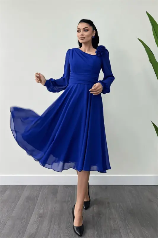 Chiffon Fabric Rose Detailed Midi Dress - SAPPHIRE BLUE - 3