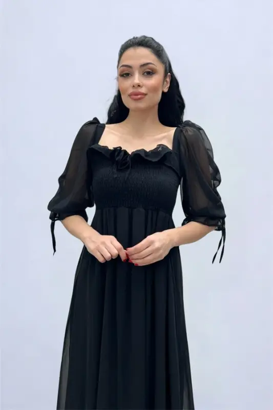 Chiffon Fabric Ruched Bust Detail Midi Dress - BLACK - 1