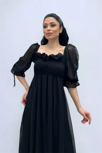 Chiffon Fabric Ruched Bust Detail Midi Dress - BLACK - 3