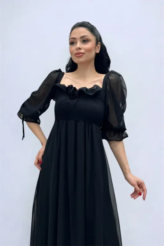 Chiffon Fabric Ruched Bust Detail Midi Dress - BLACK - 3