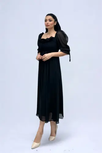 Chiffon Fabric Ruched Bust Detail Midi Dress - BLACK - 5