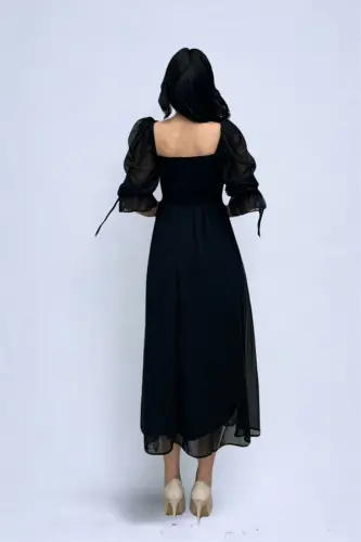 Chiffon Fabric Ruched Bust Detail Midi Dress - BLACK - 6