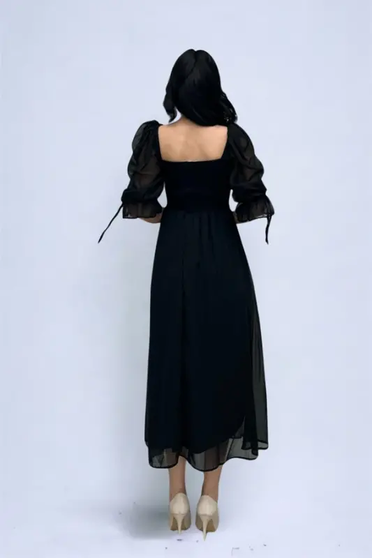 Chiffon Fabric Ruched Bust Detail Midi Dress - BLACK - 6