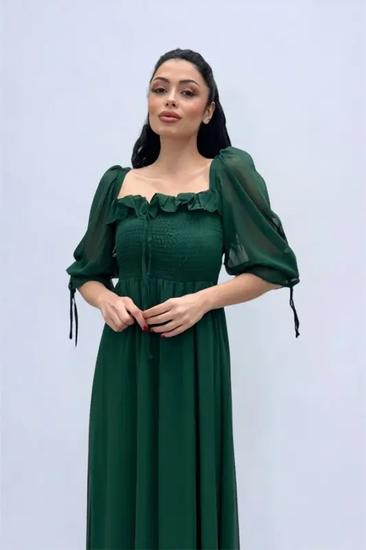 Chiffon Fabric Ruched Bust Detail Midi Dress - EMERALD GREEN - 2