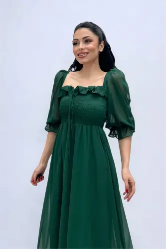 Chiffon Fabric Ruched Bust Detail Midi Dress - EMERALD GREEN - 3