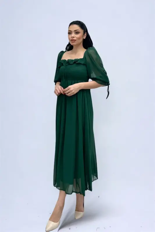 Chiffon Fabric Ruched Bust Detail Midi Dress - EMERALD GREEN - 5