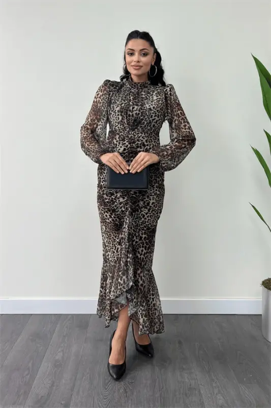 Chiffon Fabric Ruched Detail Pencil Dress - LEOPARD - 1