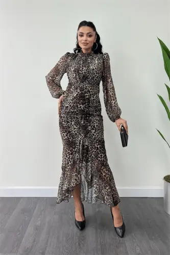 Chiffon Fabric Ruched Detail Pencil Dress - LEOPARD - BÜYÜKBEDENIZ (1)