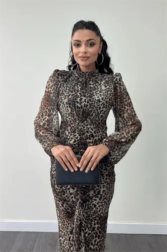 Chiffon Fabric Ruched Detail Pencil Dress - LEOPARD - 3