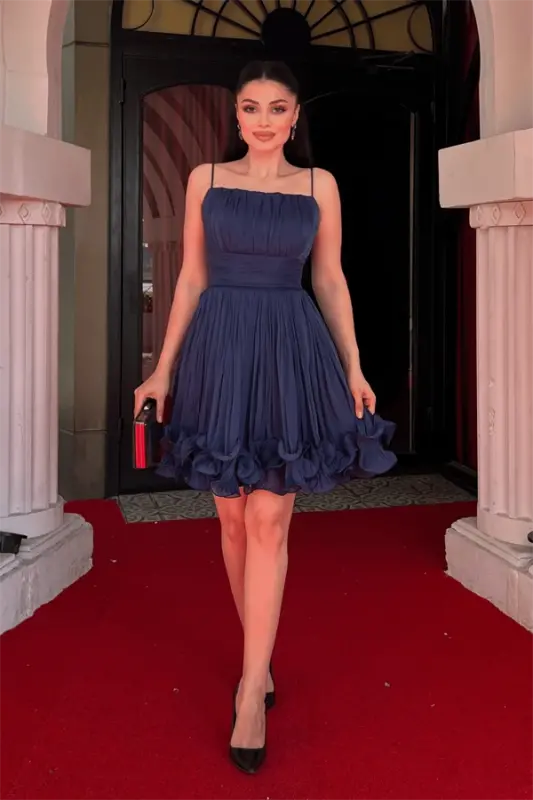 Chiffon Fabric Ruched Detail Strappy Mini Dress - NAVY BLUE - BÜYÜKBEDENIZ