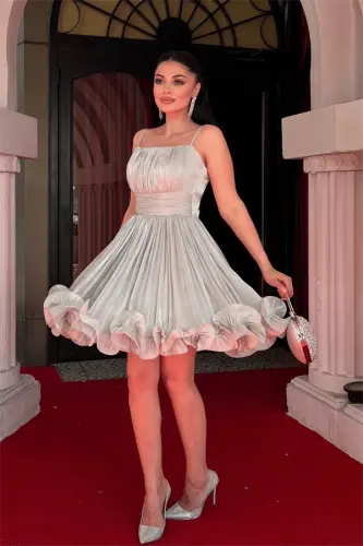 Chiffon Fabric Ruched Detail Tank Top Mini Dress - MINT GREEN - BÜYÜKBEDENIZ (1)