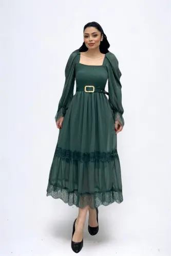 Chiffon Fabric Ruched Lace Detailed Midi Dress - KHAKI GREEN - BÜYÜKBEDENIZ (1)