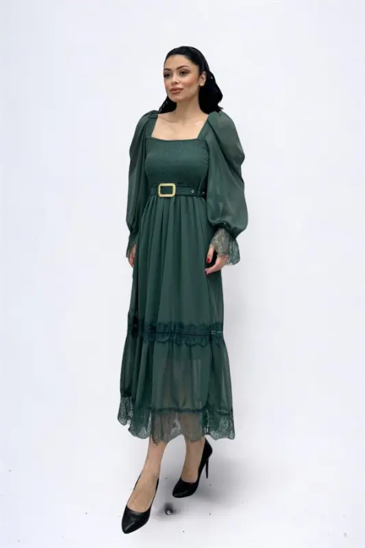 Chiffon Fabric Ruched Lace Detailed Midi Dress - KHAKI GREEN - 4